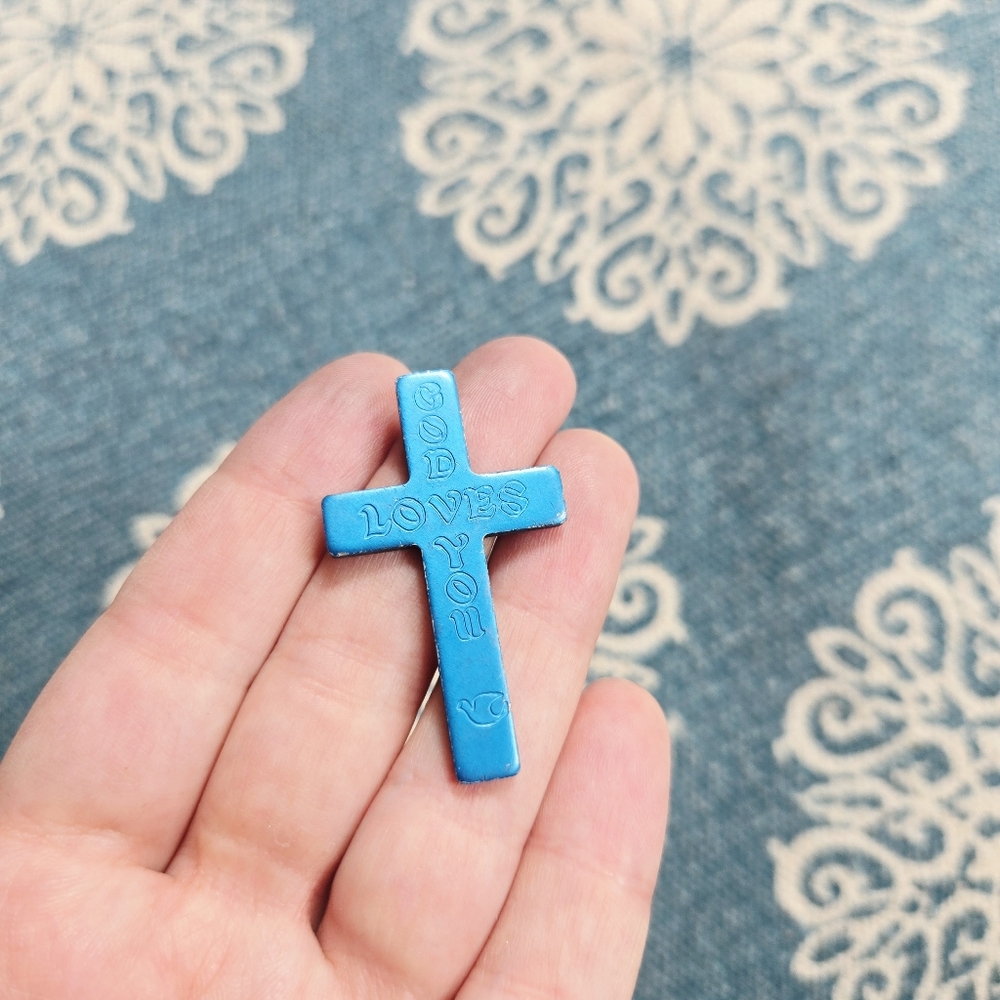 Vintage God Loves You Dove Blue Metallic Cross Talisman Protection Charm